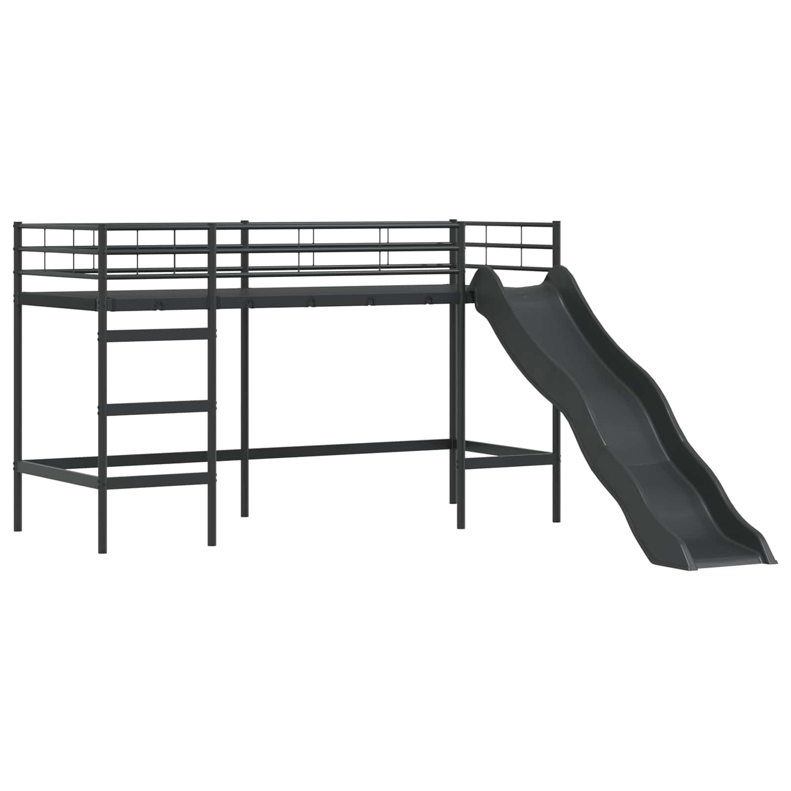 Metalowa rama łóżka z zasłonami i łukiem Czarny 90 x 190 cm | Łóżko piętrowe dla dzieci zjeżdżalnią Czarny Niebieski 90x190 cm Metalowe wysokie łóżko ze stelażem