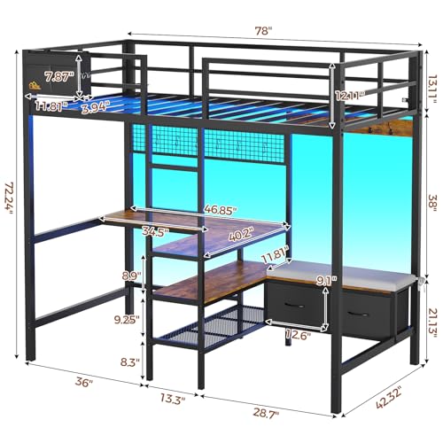 image for DICTAC Twin Loft Bed with L-Shaped Desk and Charging Station Twin Size