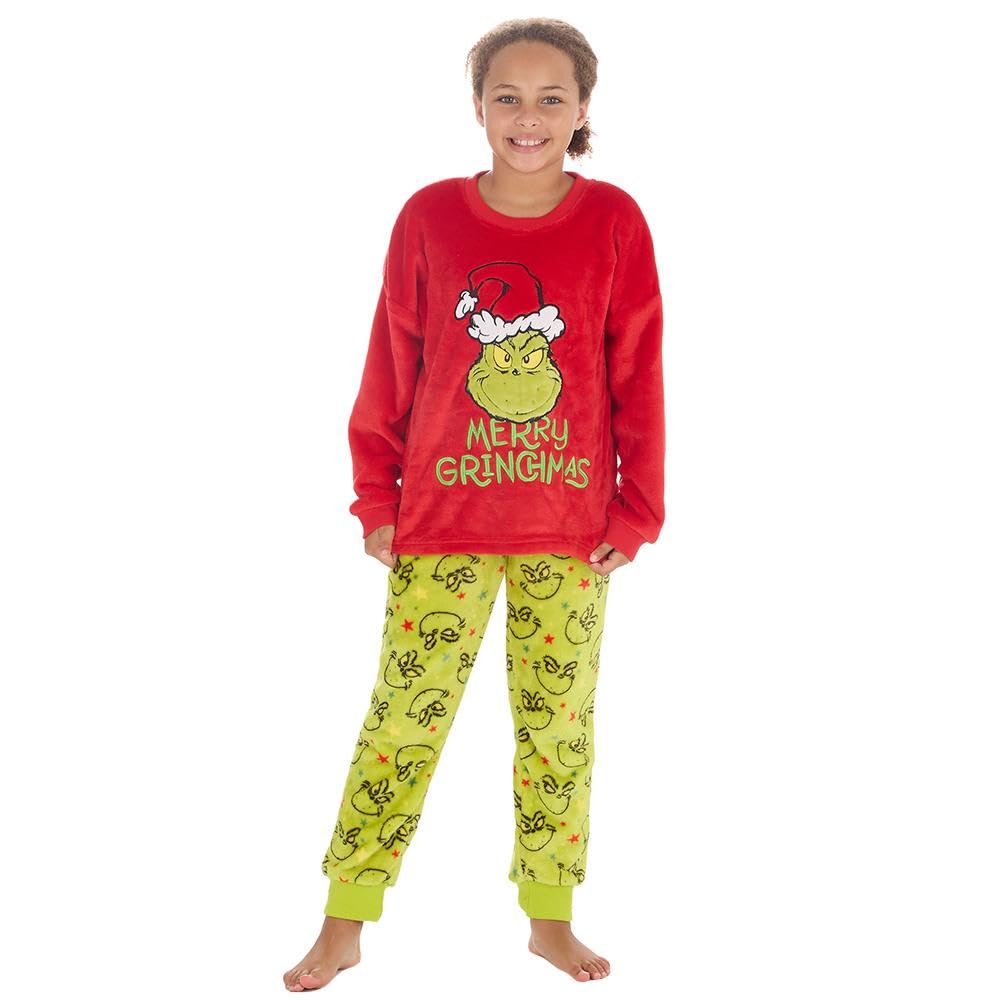 Huggable Hoodie Kids Child Grinch Applique Warm Fleece Longline Pyjama Set Green 7-8 Years