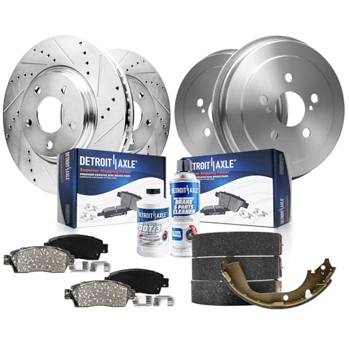 Image of Detroit Axle - Brake Kit for 04-08 Toyota Prius Brake Drums Drilled and Slotted Brake Rotors Ceramic Brakes Shoes Brake Pads 2004 2005 2006 2007 2008 Front and Rear Replacement