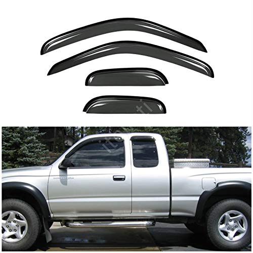 itelleti 4pcs Outside Mount Dark Smoke Sun/Rain Guard Front+Rear Tape-On Auto Window Visors For 95-04 Toyota Tacoma Access/Extended Cab With Half Size Rear Doors