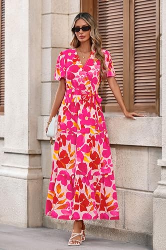 Image of MASCOMODA Women Boho Swiss Dot Maxi Dresses Wrap V Neck Flutter Short Sleeve Solid Tie Waist A Line Tiered Flowy Long Dresses