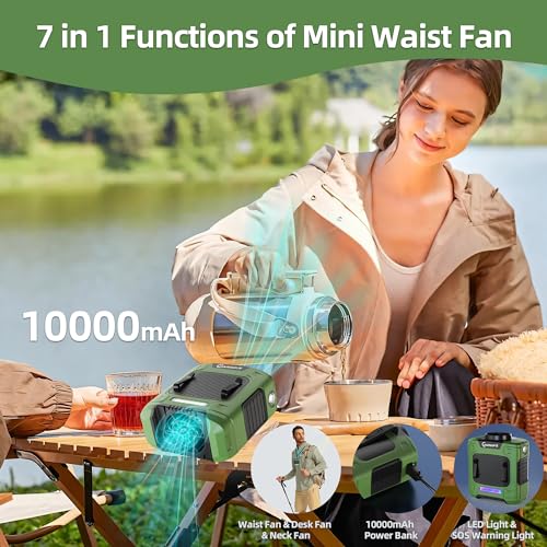 Image of Waist Fan - 10000mAh Rechargeable, 24H Cooling, 16000RPM Strong Airflow, 3-Speed Portable Belt Fan with LED SOS & Red-blue Warning Light for Jobsite, Camping, Travel, Farming