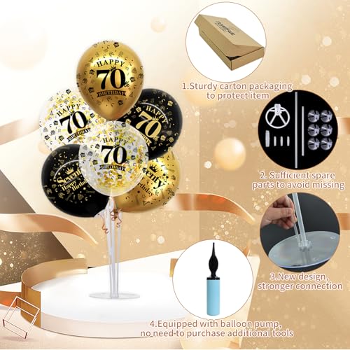 Image of TONIFUL 4 Set Black Gold 70 Printed Balloon Stands for 70th Birthday Decor