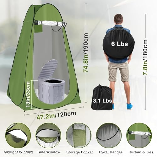 Image of Pop Up Privacy Tent & Portable Toilet for Adults Camping, 190T Oxford Cloth Outdoor Shower Tent Porta Potty Kit for Camp Travel Car Trips Toilet Bathroom Changing Room Green Color