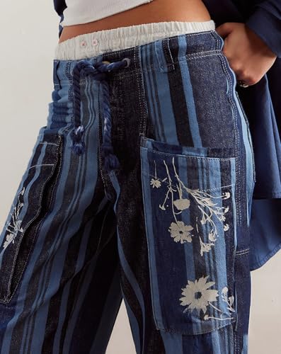 LifeShe Striped Pants Women Floral Printed Wide Straight Leg Lounge Pant Mid Rise Drawstring Cropped Trousers3