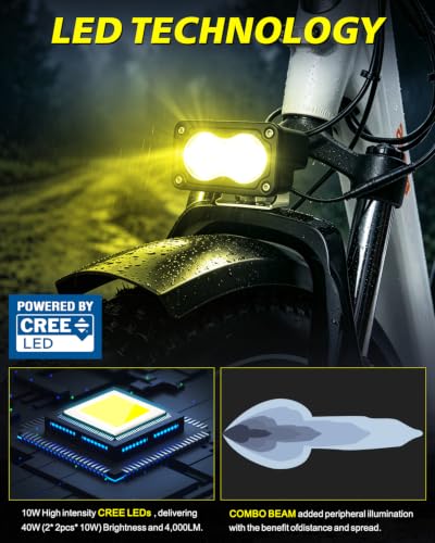 Image of 2 Pin Male Yellow Headlight for Rad Power Bikes Vamoose Mammoth | High Intensity CREE LEDs, Spot Flood Combo Beam, 3000K Yellow 20W Waterproof E-Bike Light, Check Connector Before Purchase.