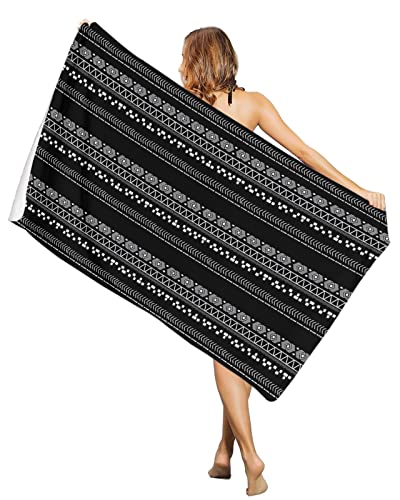 Lines Stripe Diamond Triangle On Black Beach Towel-Sand Free Absorbent Blanket Oversized Large Pool Towels Geometry Ethnic Tribal Pattern,Quick Dry Soft Bath Towel For Travel Swim Camping,31X63In #TOP26
