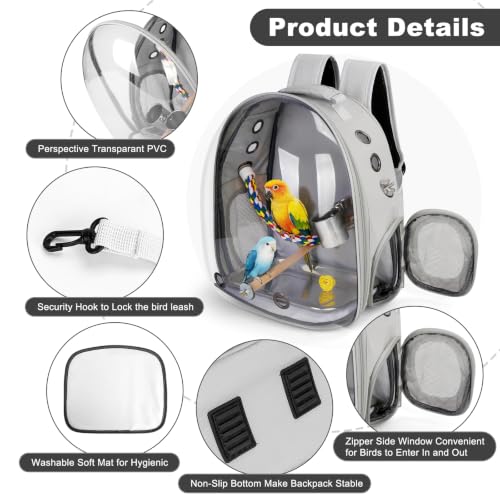 Image of Bird Travel Carrier, Bird Backpack Cage with Rope & Wood Perches Tray Food Bowl, Portable Clear Bubble Window Breathable Mesh Bag for Small Medium Parrots Cockatiel Parakeet Budgies Conures Lovebirds