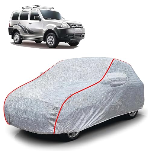 Image of Sulfar 100% Waterproof Car Body Cover Compatible with Mirror for Tata Movus (Triple Stitched, Full Bottom Elastic, Magic Silver with Red Piping)