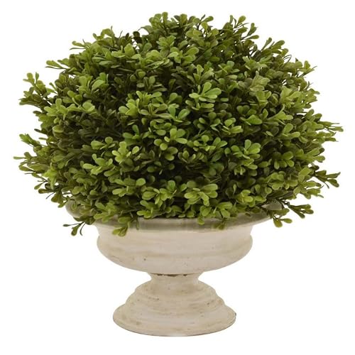 Benjara Stand 15 Inch Faux Boxwood Topiary Plant in Urn Pedestal Pot, Planter, Green and White