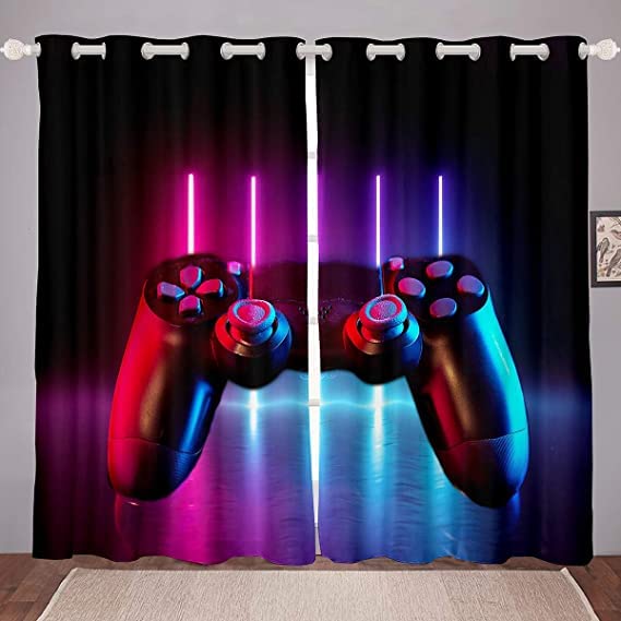 Rideaux Occultants Motifs Jeux Vidéo Pour Enfants - Lot De 2 - 73x160 Cm - Noir Et Blanc - Pour Chambre, Salon, Salle De Jeux - Lavable