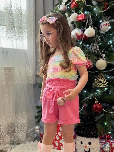 Image of Arshiner Toddler Girls 3 Piece Outfit Set Puff Sleeve Square Neck Top with Shorts and Matching Headband Summer Clothes 2T-8Y