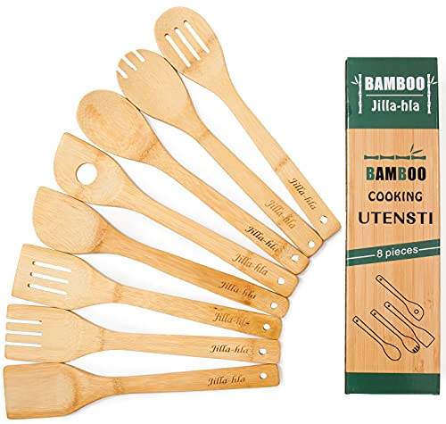 Jilla-hla wooden kitchen utensils for cooking,8 Piece Set, wood utensils set for cooking, Bamboo Cooking Utensils, Wooden Spoons & Spatula,Mothers Day Gifts