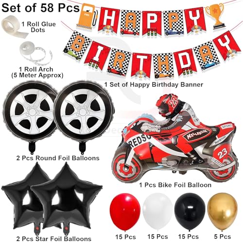 Image of Rozi Decoration Bike Theme Birthday Decoration Set - 58 Pcs Racing Party Supplies with Balloons, Banner, Motorbike Foil Balloon, Wheel & Star Foil Balloons for Kids Birthday Party Decor (Pack of 3)