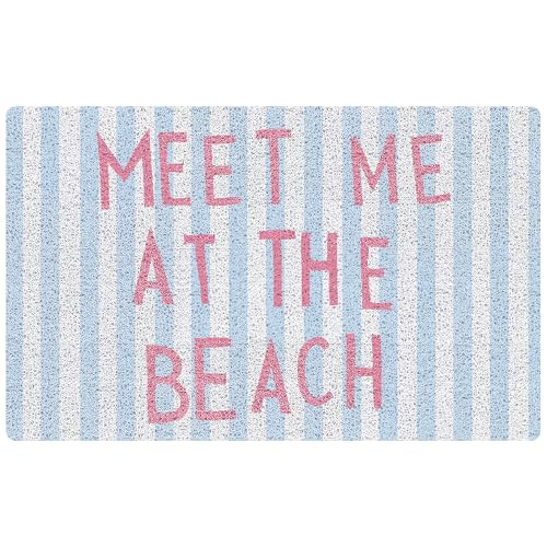 NATSUNO Blue Striped Preppy Beach Door Mat, Meet Me at The Beach Doormat Indoor Outdoor Entrance Porch, Coastal Nautical Welcome Mats for Front Door, Ocean Bathmat for Bathroom, 17x30 Inches