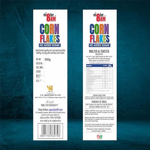 Image of 8AM Corn Flakes 500 Gram, No Added Sugar, 97% Corn, 99% Fat Free, No Cholesterol, Trans Fat, Artificial Additives, Vitamins B1, B2, B3, B6, B9, Iron, Calcium, Breakfast Cereal
