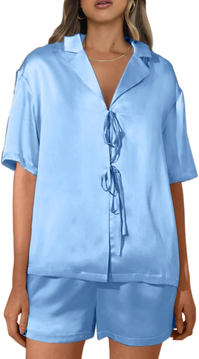 CHYRII Women's Silk Satin Pajamas Sets Tie Front Short Sleeve Tops and Shorts Two Piece Pj Sets Sleepwear - Image 4
