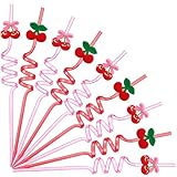 Potchen 24 Pcs Reusable Cherry Straws Plastic Drinking Straws Pink Bow Party Favors Fruit Theme Birthday Supplies for Baby Shower Bridal Bachelorette Party Decorations (Cherry, Red)