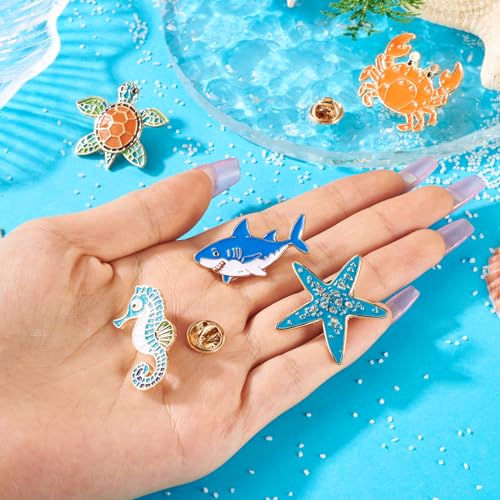 Image of 5Pcs Sea Animal Enamel Pins for Backpack, Cute Cartoon Ocean Animal Crab Starfish Sea Horse Shark Turtle Brooch Badges, Marine Life Creature Series Lapel Badges for Bags Hats Clothes Decor