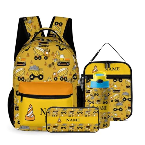 Custom Excavator Car Backpack Set 4 in 1 Personalized Add Your Name School Bag with Lunch Bag Pencil Case Water Bottle Customized Backpack for Kids Girls Boys