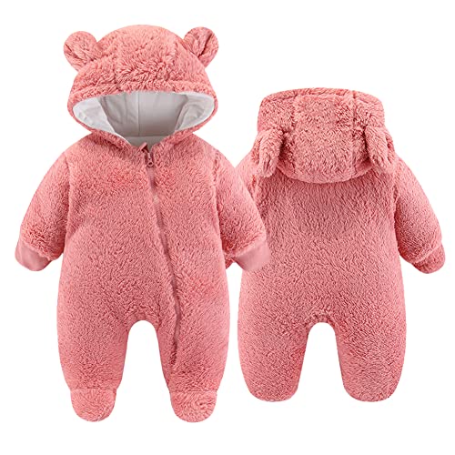 Image of UVIPC Newborn Baby Fleece Footie Snowsuit Winter Onesie Cartoon Bear Warm Hooded Outfits for Girls Boys