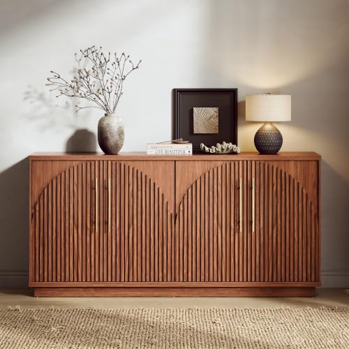 Image of 65 inch Buffet Cabinet with Storage, Fluted Sideboard Cabinet with 4 Arched Doors & Adjustable Shelves, Credenza Accent Cabinet Console for Dining Room, Living Room, Entryway, Set of 2