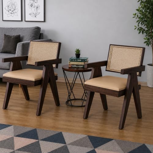 Image of Solid Wood Arm Chair with Cushion and Cane Back Support Chair Living Room Bedroom Home Wooden Armchair Furniture Garden Balcony Outdoor & Indoor (Walnut Finish Set of 2)
