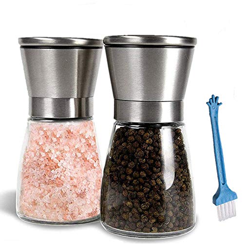 Molinillo sal y Pimienta - Molinillos de Especias, Acero Inoxidable y Vidrio, Molido Grueso y Fino (2 Pack + Cleaning Brush)