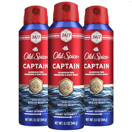 Old Spice Aluminum Free Body Spray for Men, 24/7 Signature Scent & Lasting Freshness, All-Day Odor Protection, Easy Application, Captain with Bergamot, Sea Air, & Driftwood Scent, 5.1 oz (Pack of 3)