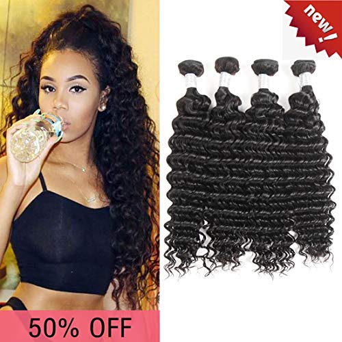 IMAYLI Brazilian Deep Wave Virgin Hair 4 Bundles Deep Curly Human Hair Weave Unprocessed Deep Wave Human Hair Bundles 100% Remy Human Hair Extensions Natural Black(12121212)
