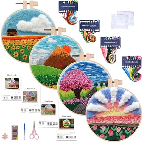 XEmbro 4 Sets Embroidery Kits for Beginners Adults, Embroidery Starter Kit with Pattern, Embroidery Cross Stitch Practice Kits with Embroidery Hoop, Fabric, and Needles Threads for Adults Cover