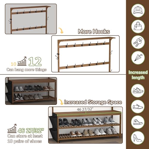 Image of AMBIRD 6-in-1 Bamboo Hall Tree with Shoe Storage, Entryway Organizer Shoe Bench with 16 Coat Hooks and Cloth Bag, Sturdy Bamboo Storage Bench, 46 * 15 * 70 inches Brown