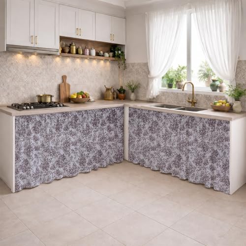 Image of LINENWALAS Under Sink Curtain for Kitchen - Pack of 2 | 150x70 cm Cotton Under-Sink Cover | Washable Storage-Hiding Curtain with Rod Pocket | Kitchen & Bathroom Cabinet Cover (Brown Botanical)