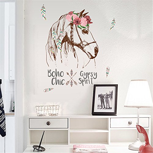 Pegatina para pared con diseño de caballo con flores, ideal para decorar habitaciones.
