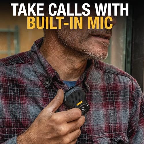 Image of DEWALT Wearable Bluetooth Speaker [Onyx Edition - Black] Clip-On Wireless Jobsite Pro Water-Resistant Portable Speaker (Non- Magnetic), Mic for Hands-Free Music /Calls, Mini Speakers Bluetooth Wireless