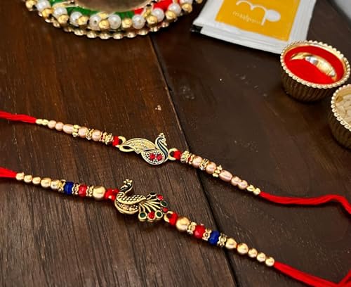 Image of maalpani Rakhi with Sweets Gift Box - Designer Rakhi for Brother with Roli Chawal & Greeting Card - Raksha Bandhan Gift Hamper for Bhai (D2068s) Dryfruit -Bites-katali Sweet