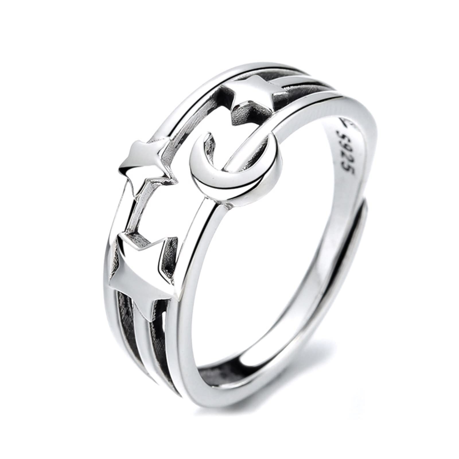 Anillos Mujer Plata de Ley, Anillos a Juego para Parejas Plata de Ley Forma de Estrella Luna Alianzas de Boda de Estilo romántico Tamaño Ajustable