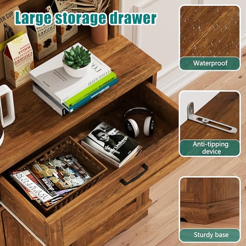 Image of Vongrasig Kitchen Pantry Cabinet, Tall Farmhouse Storage Cabinet, Brown | Freestanding Hutch with Adjustable Shelves and Doors, Large Food Cabinet with Microwave Stand for Kitchen, Dining Room
