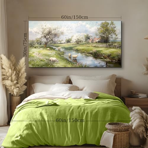 crmotu Landscape Wall Art, Nature Wall Decor, Oversized Wall Art, Riverside Scenic Canvas Art Prints, Modern Farm Aesthetic Paintings Wall Decor Living Room Bedroom Dining Room Farmhouse 30"X60"