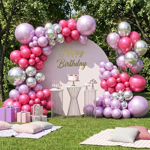 Image of RUBFAC Metallic Mauve Pink Balloons 129pcs Different Sizes Pack of 18 12 10 5 Inch, Latex Chrome Lilac Balloon Garland Arch Kit for Wedding Princess Birthday Party Engagement Bachelorette Decorations