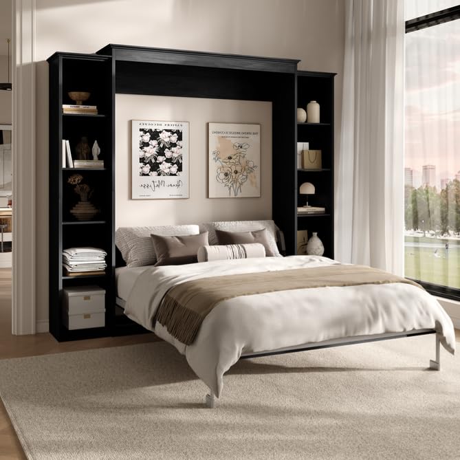 Rophefx Queen Murphy Bed Cabinet with 5-Tier Shelves in Black Gray