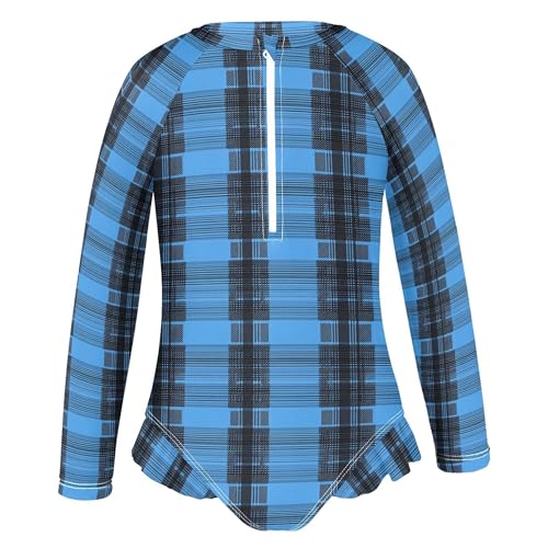 Blue Buffalo Check Plaid Girls Long Sleeve Rashguard Swimsuit UV Protection One-Piece Swimwear B04039532