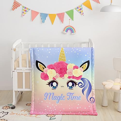 Image of Crib Bedding Set,3pcs Nursery Crib Bedding with Comforter Crib Sheet & Crib Skirt,Lovely Unicorn Flowers Printed Nursery Bedding for Baby Boys and Girls(Unicorn)