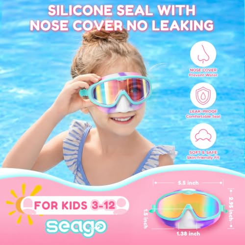 Image of Seago Kids Swim Goggles 2 Pack for 3-12, Anti-Fog Clear View,Toddler Goggles with Nose Cover Swimming Goggles