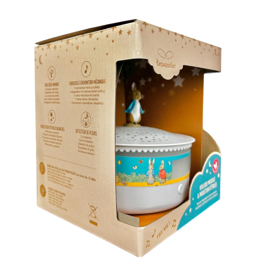 Trousselier - Lampka nocna - Gwiazdy Projektor Kamień Królik © 14 Cm - Muzyczne - Wykrywanie Płaczu - Akumulator USB