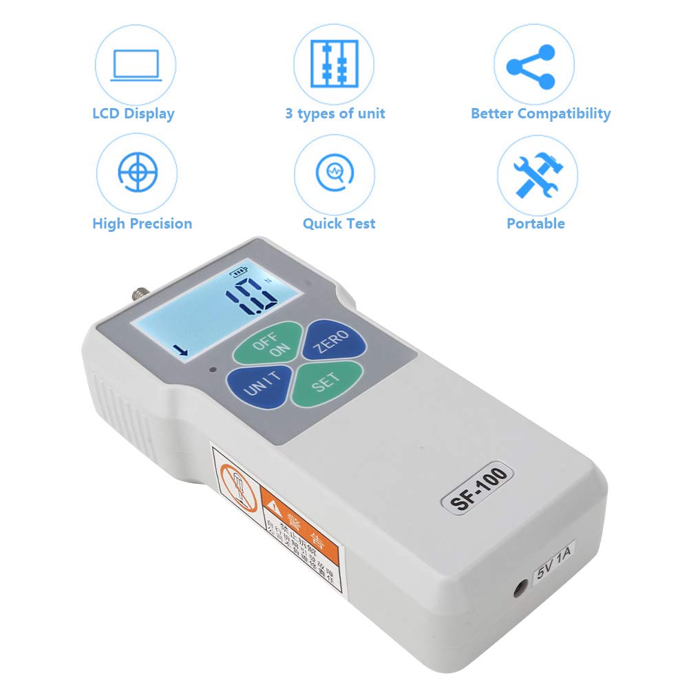 Digitales Kraftmessgerät SF-100 Tragbares Druck- und Zugmessgerät Digitales Kraftmessgerät 100N 100-240V, Einheitenanzeige: Lb, Kg, N(EU plug)
