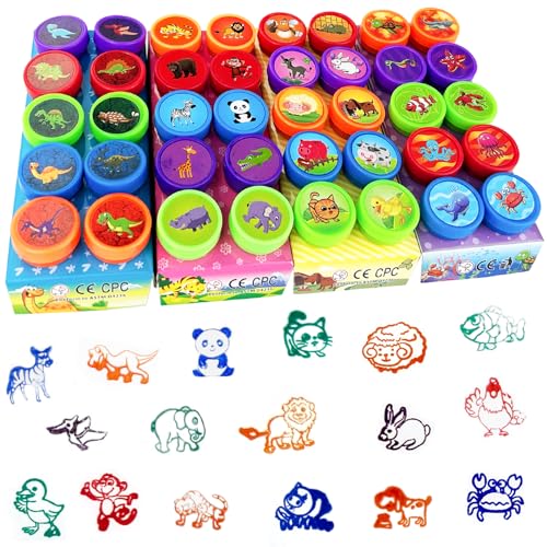 Diompirux 40 Piezas multicolor Juego de Sellos de Animales, Conjunto de Sellos para Infantil, Dibujos Animados Sellos de Tinta para Niños, para obsequios de fiesta, rellenos de bolsas de regalo