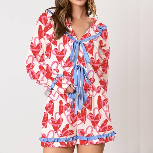 Image of Tenopuli Women Silk Satin Pajama Set Heart Print Bow Tie Long Sleeve Top Shorts Sleepwear Cute 2 Piece Loungewear