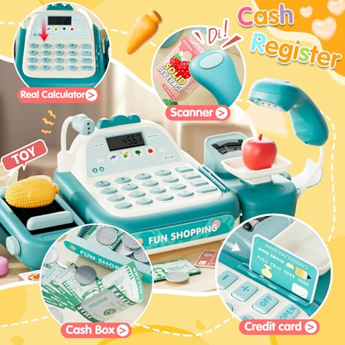 image for STACTCUTE 49PCS Pretend Play Cash Register Toy Set for Kids with Real 